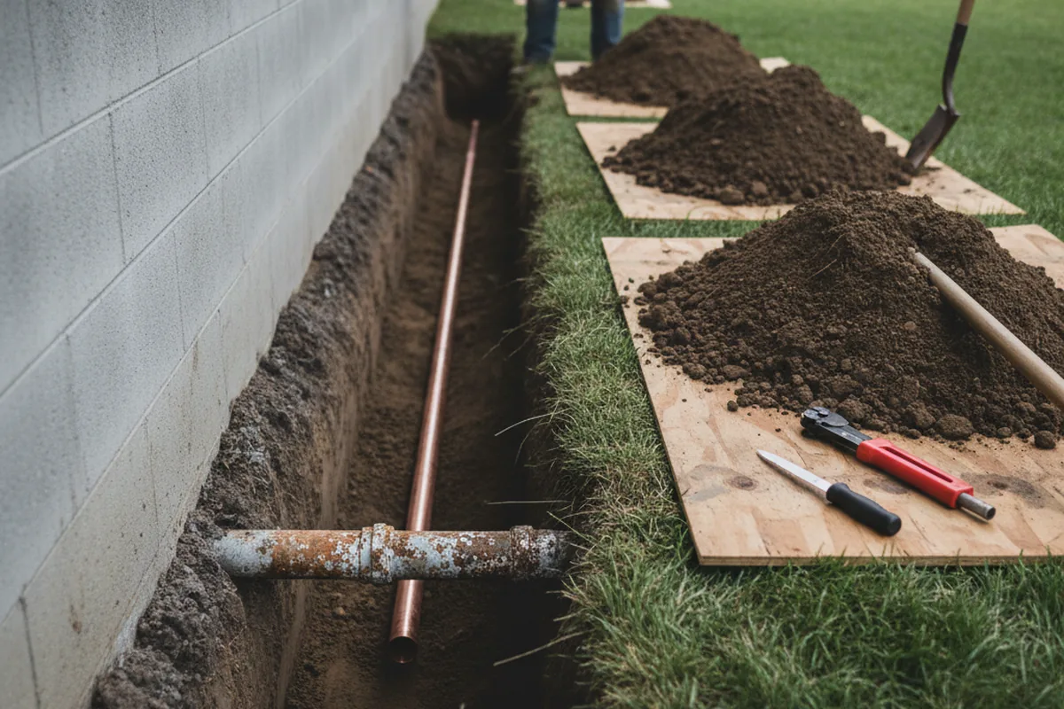 Excavated water line trench during Sewer Line Repair in Palisades Park